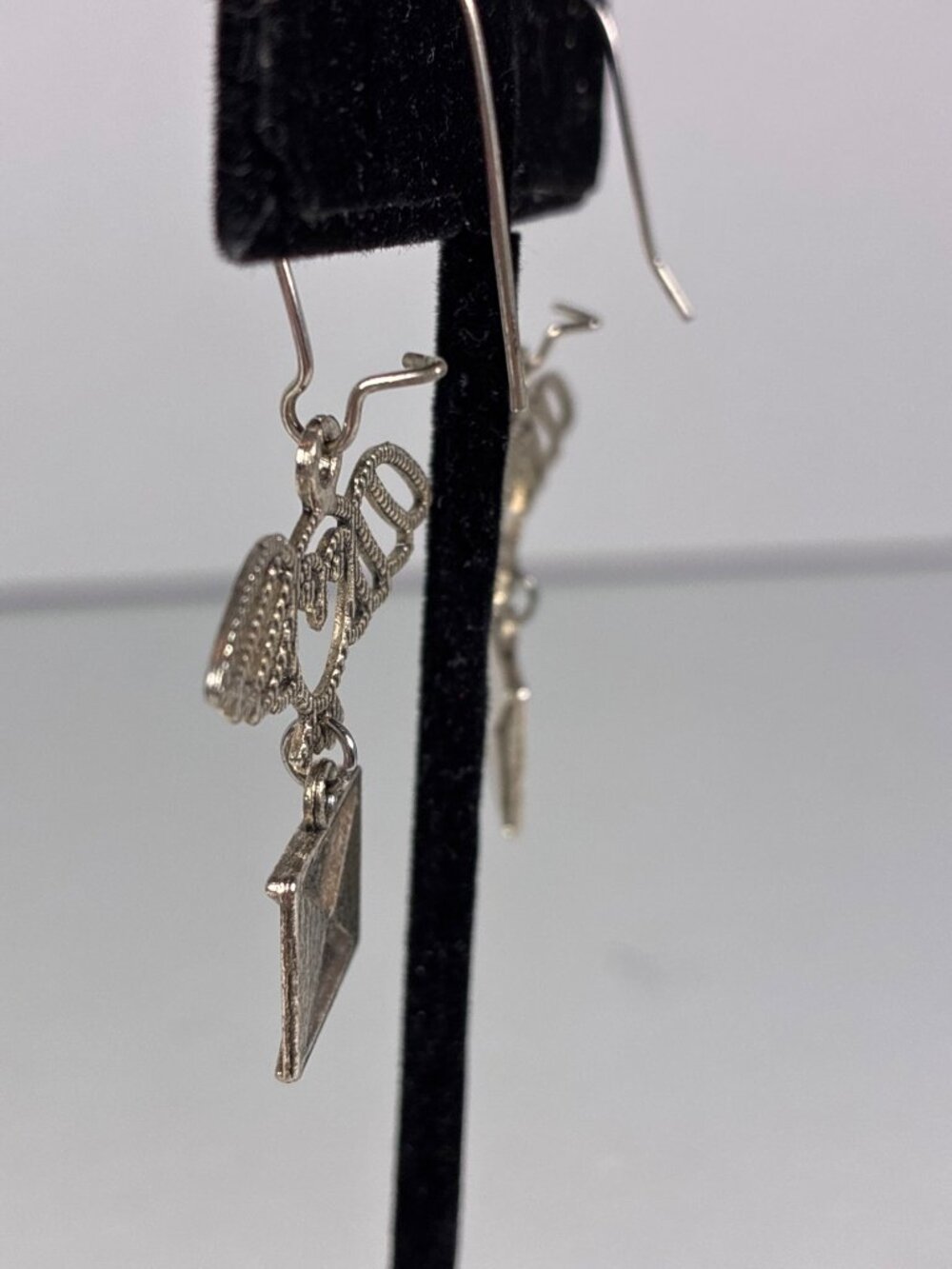 Owl & Letter Dangle Earrings Silver Tone Pierced Wire Whimsical Bookish Jewelry - Picture 4 of 6